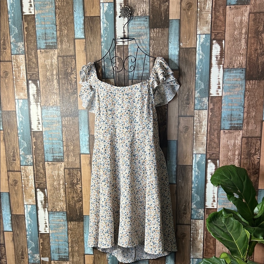 Floral Backless Women’s Dress with Ruffle Sleeves - Cream Blue